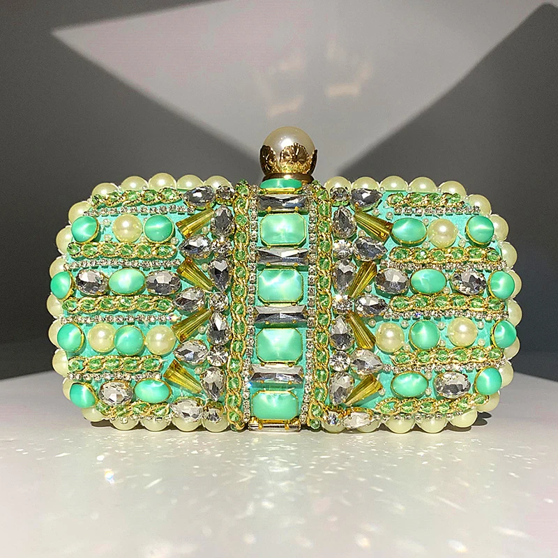 

Green Beaded Rhinestone Large Pearl Women Clutch New Arrival Mini Phone Money Handbags Lady Girls Wedding Party Evening Clutches