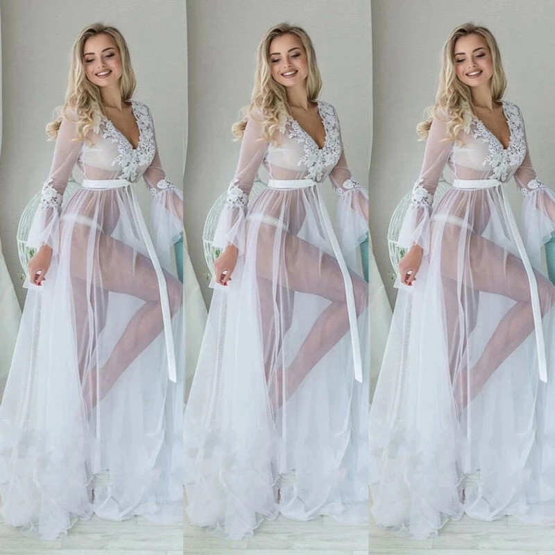 Women Sexy Long Petal Sleeve V Neck Lace See Through High Waist Lace Up Maxi Dress White Beach Bathing Wrap Bikini Cover Ups