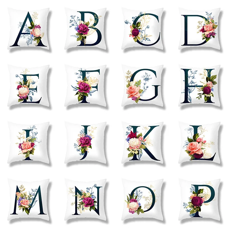 Flower Letter Pillow Case Plant Tree Around Alphabet Cushion Cover for Home Sofa Car Decorative Pillowcases 45x45cm