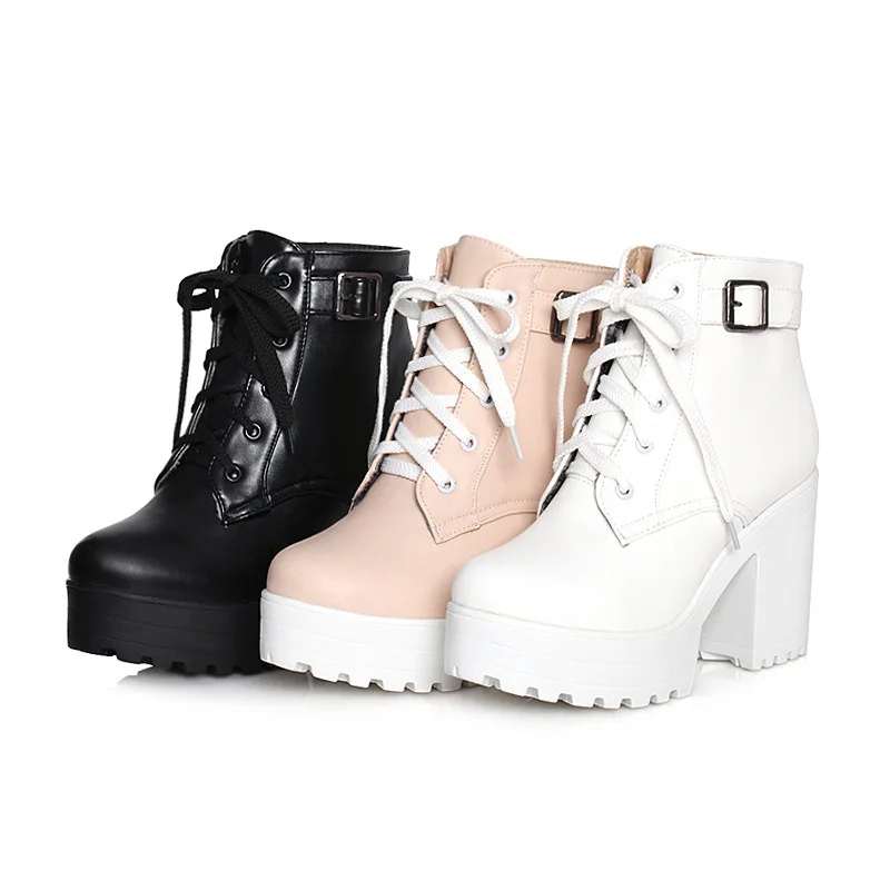 New 3 Color Winter Lace-Up Sexy Women Boots Fashion Platform high square heels Black Buckle Ankle boots Plus Size 35-43