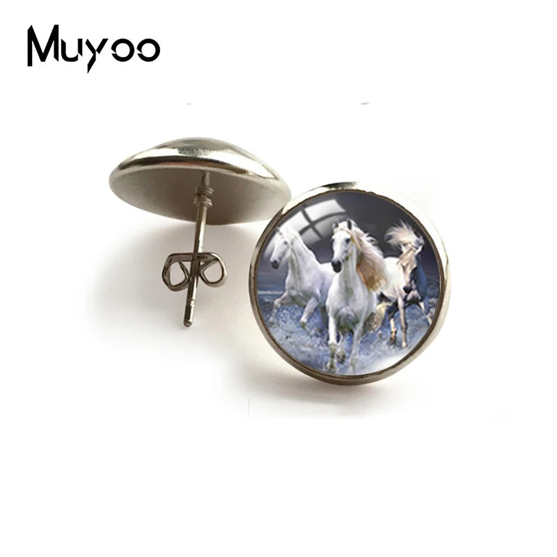 2021 New Running Horse Stud Earring Oil Painting Round Earrings Glass Dome Jewelry Gifts Women