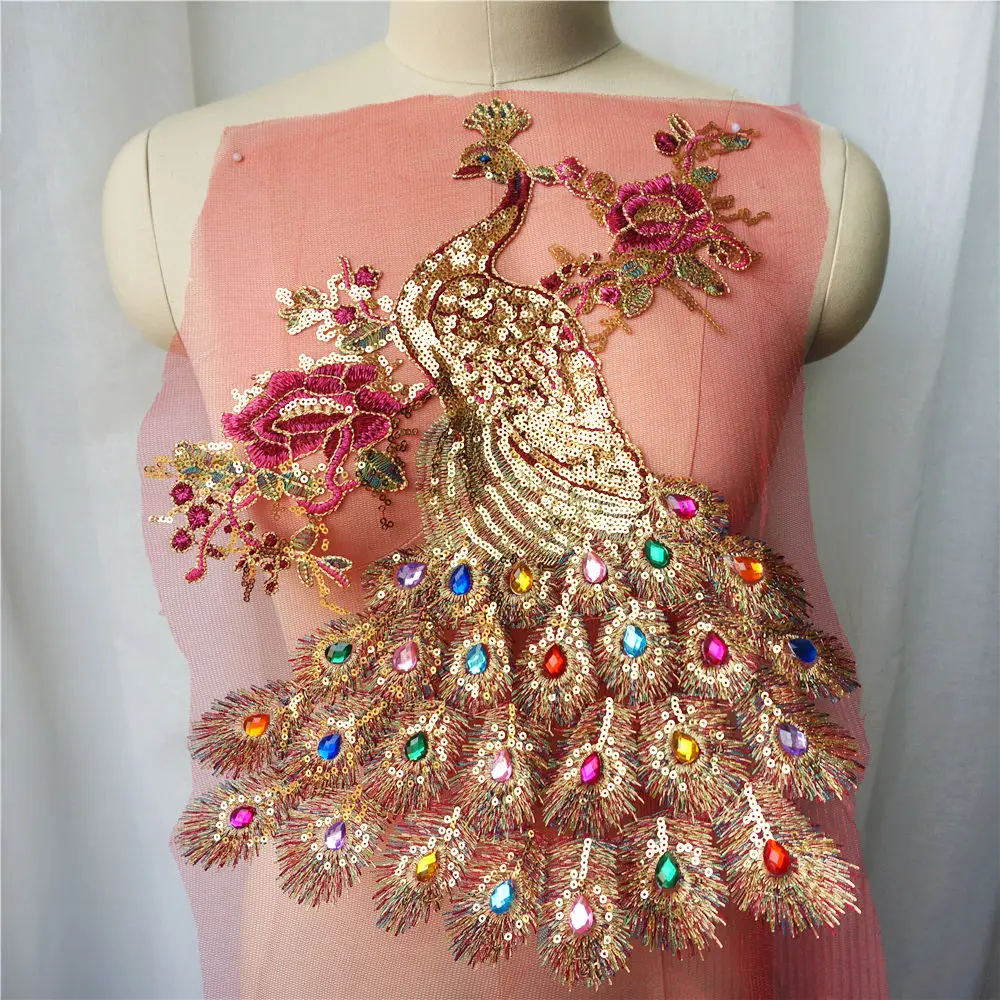 Sequin Peacock Rainbow Rhinestone Feather Tail Embroidered Gown Appliques Lace Fabric Red Mesh Sew Patch For Wedding Decoration