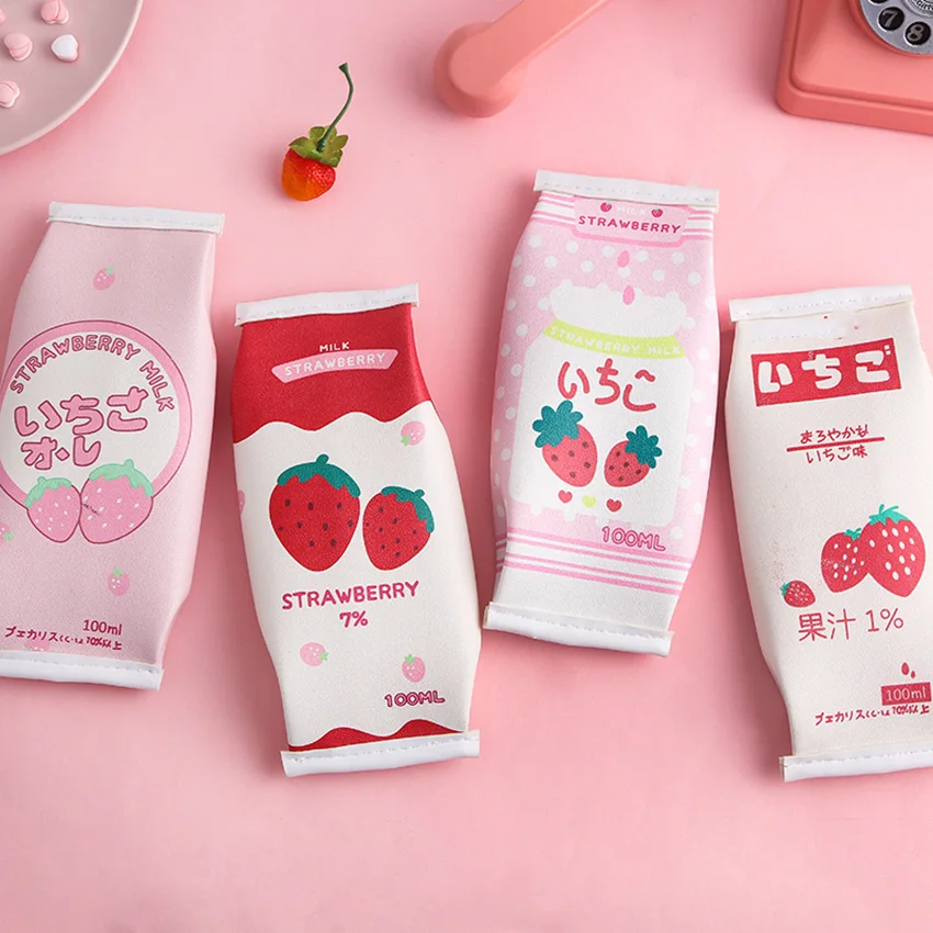 Cute Strawberry Milk Pencil Case PU Material Milk Shape Pencil Bags Pen Box Stationery Bag for office School Students Supplies