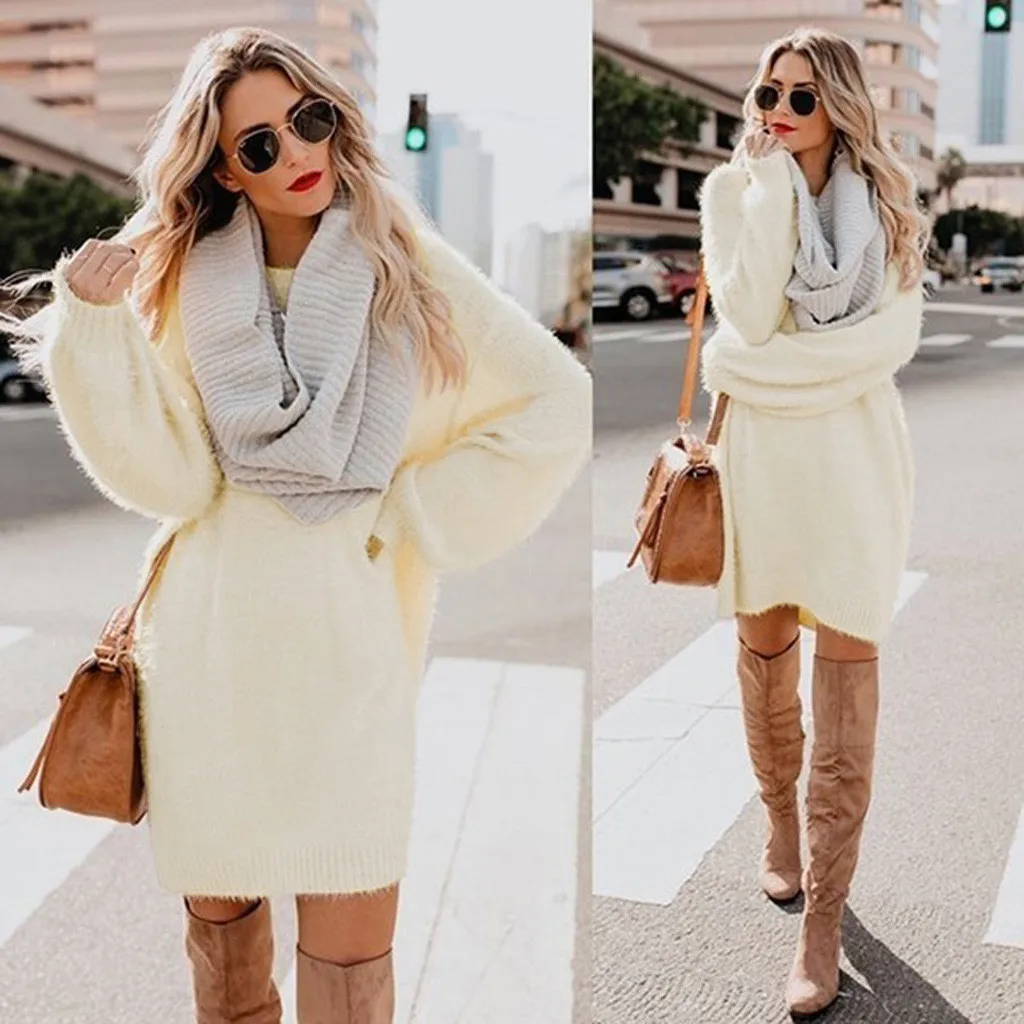 Women Sweater Dresses 2021 Autumn Winter Warm Turtleneck Pullovers Tops New Casual Long Sleeve Jumper Ladies Sweater Dress