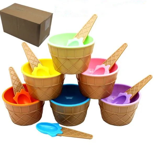 New cute Kids Tableware Set Baby Ice Cream Shape Bowl Spoon Plastic Dessert Bowl Spoons Container Set Ice Cream Cup