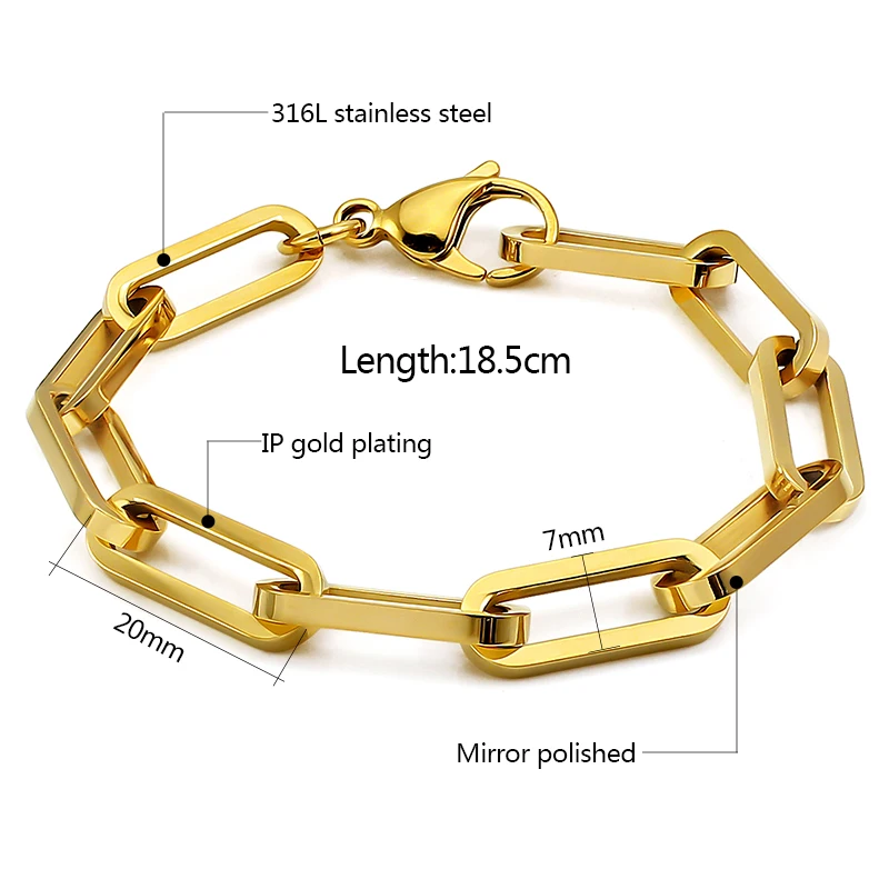 18K Gold Plated Bracelets Chain 20mm Long Oval Link Bracelets Chains for Men Women Shiny 316L Stainless Steel Gold Chain Jewelry