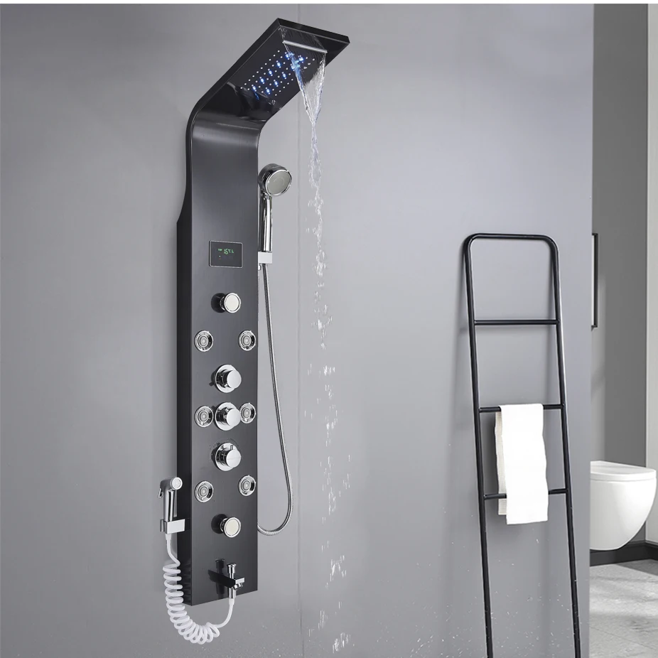 Senlesen Bathroom Shower Panel Faucet Mixer With LED Big Screen Digital Display Six Water Modes with Spray Gun Shower Column