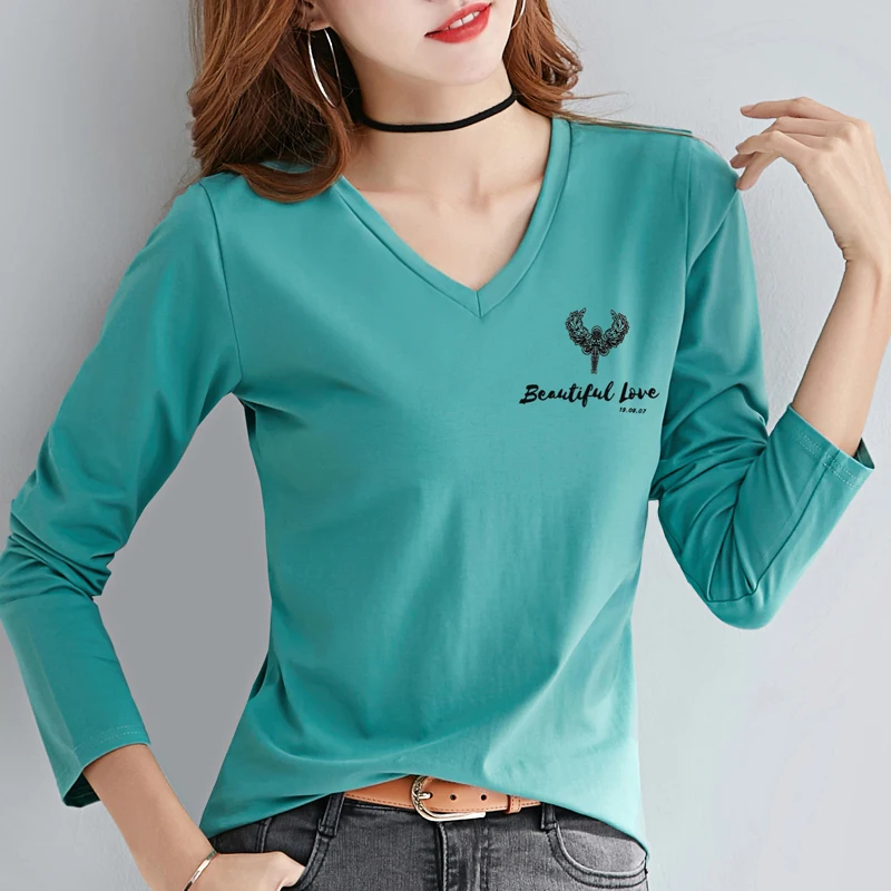 Special Offer Spring Autumn Women V-Neck Long Sleeve Slim T-shirt Korean Fashion Cute Letter Print Good Quality Cotton T-shirt