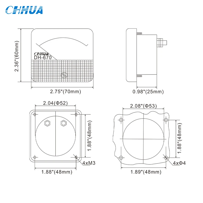 CHHUA DH-670 DC Ammeter with shunt Electrical testing Analog Pointer Ammeter Gauge DC20A 30A 50A 75A 100A 150A 200A DC Amp Meter