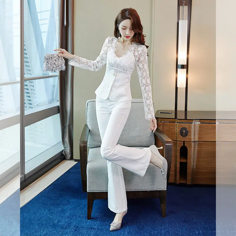 2021 Spring Women\'s Lace Suits 2 Pieces Elegant Lace Patchwork Blouse Tops+ Pants Office Ladies Work Suits Long Sleeved