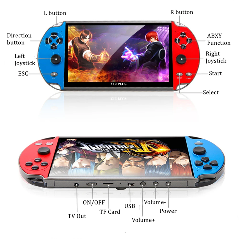 X12 Plus شاشة كبيرة 7 بوصة وحدة تحكم ألعاب محمولة 16/48 جيجا بايت شاشة عرض مسبقة 2000 ألعاب لمشغل ألعاب الفيديو 8/16/32/128 بت