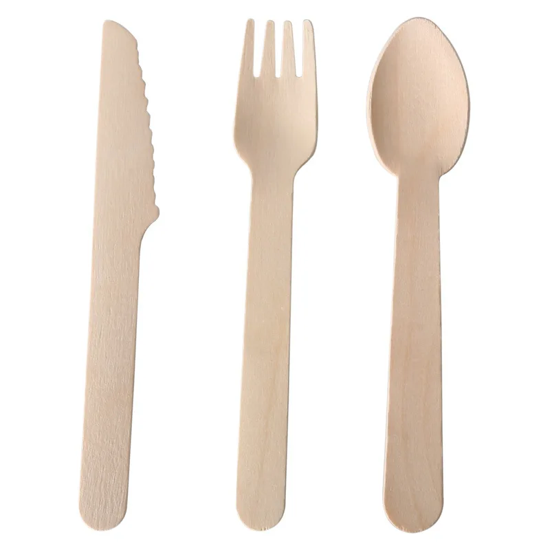 100Pcs Disposable Prong Spoon Knife Straw with Brush Wooden Fork Compostable Forks Bamboo Plates Party Picnic Kitchen Christmas