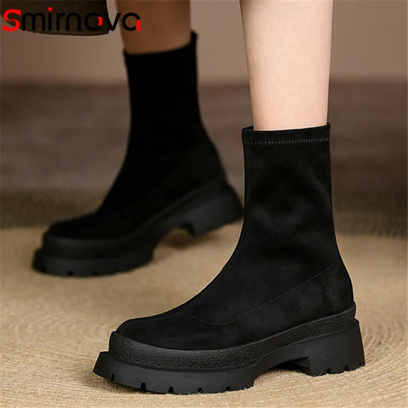 

Smirnova 2022 New Arrive Ankle Boots For Women Thick Bottom Casual Shoes Flock Round Toe Autumn Comfortable Stretch Boots Woman