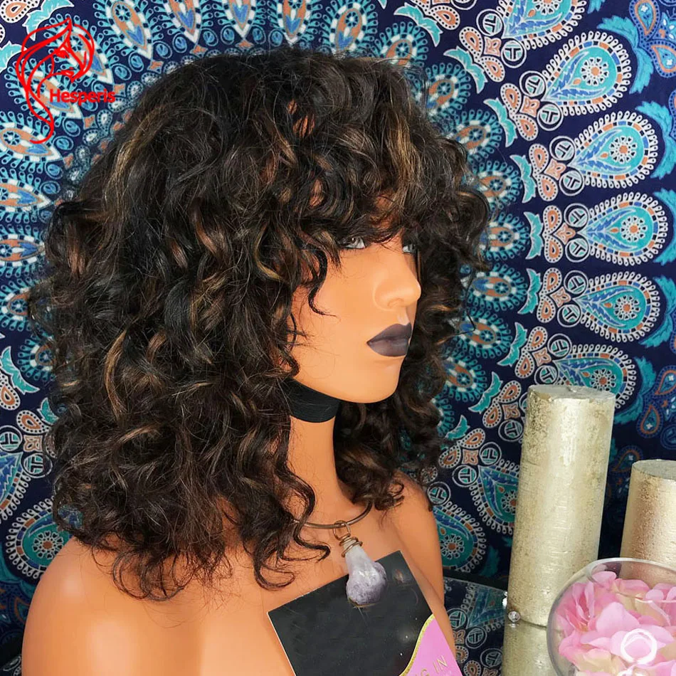 Hesperis Highlight Short Curly Bob Wigs With Bang Remy Brazilian Full Machine Made Scalp Top Highlight Curly Human Hair Wigs