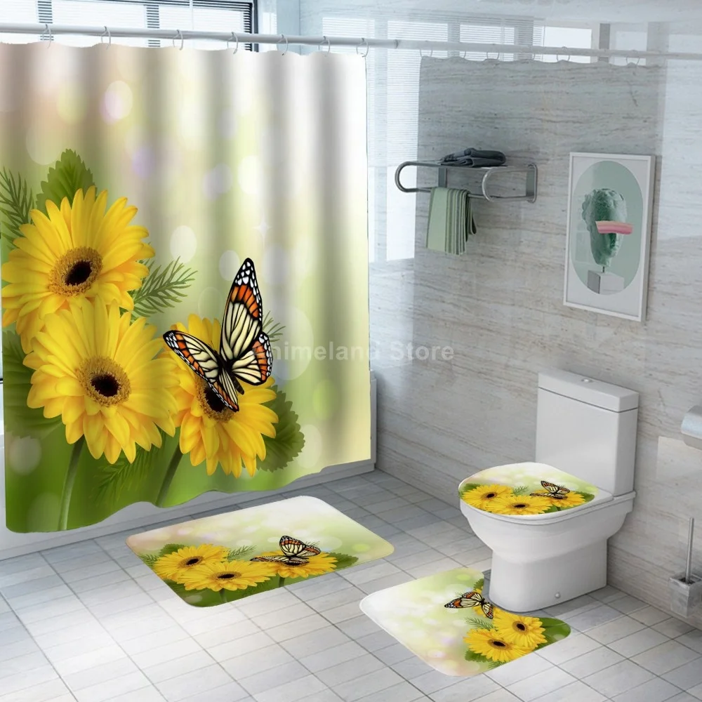 

Butterfly Shower Curtain Sunflower With Non Slip Rug Mat Bathroom Curtains Waterproof Polyester Bathroom Curtain with Hooks