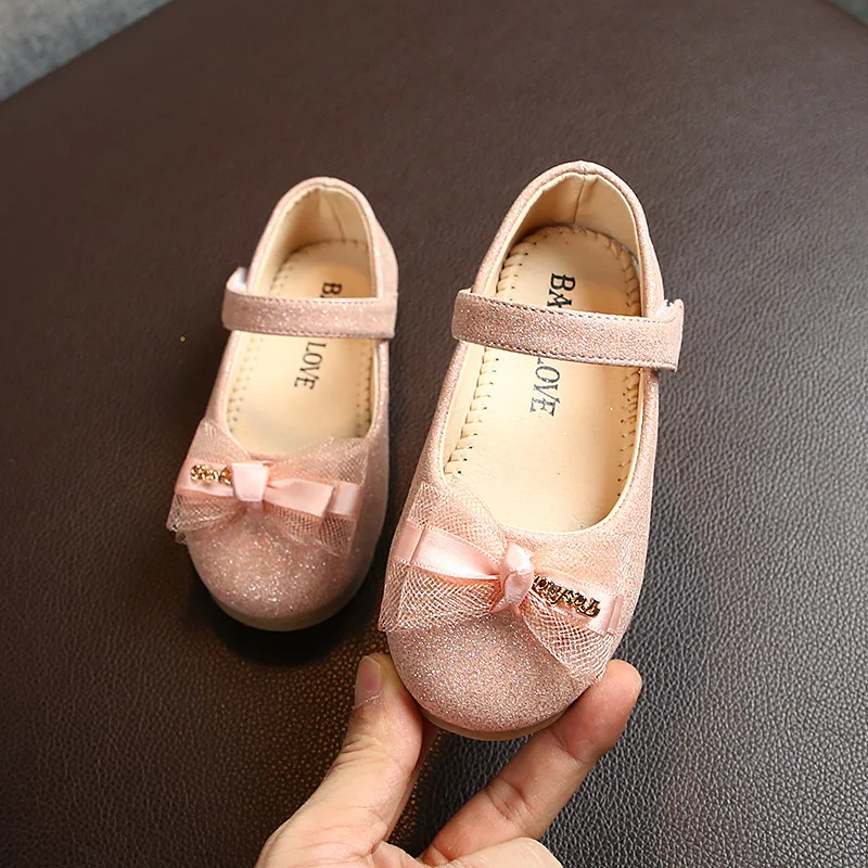 Kids Flats For Girls Shoes Toddlers Little Girl Children Dress Shoes Glitter Leather With Lace Bow-knot Princess Wedding Shoes