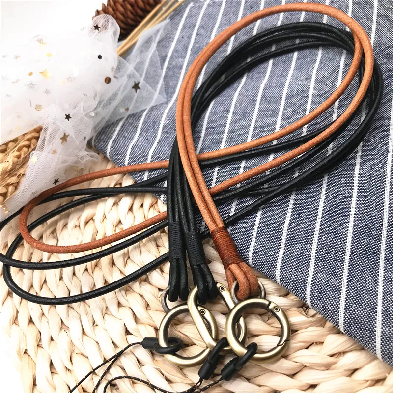 High quality Genuine Leather Neck strap Keychains Pendant Neckline Lanyard Mobile phone Strap Charms Keyring Buckle rope Lanyard
