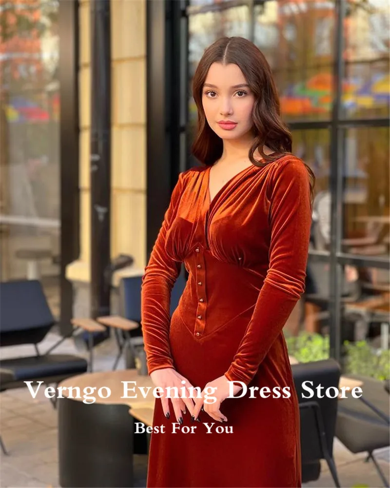 Verngo – robe de soirée en velours, manches longues, col en V, mi-longue, Simple, élégante, pour femmes, 2022