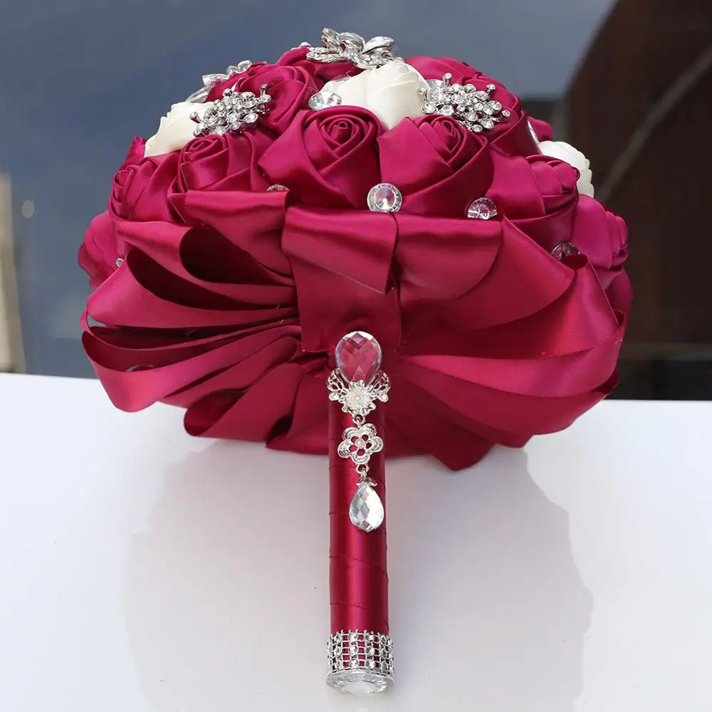 Janevini Mewah Fuchsia Berlian Buatan Bunga Pernikahan Karangan Bunga Kristal Buatan Satin Mawar Bridal Bouquet untuk Pernikahan Aksesoris