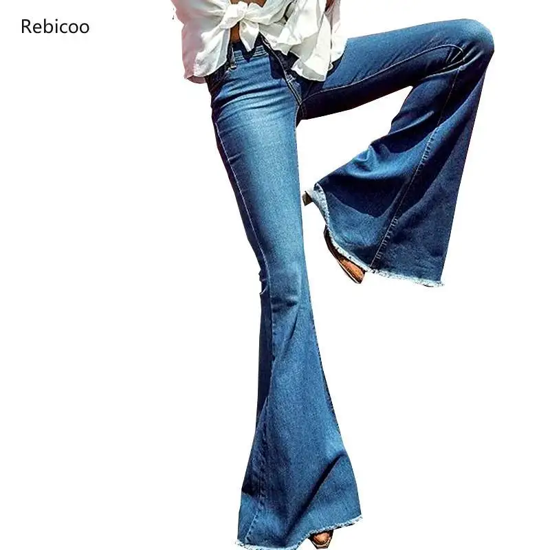 

Rebicoo Women Flare Jeans Female Casual Slim Stretch Fashion Ladies Vintage Washed Skinny Long Denim Pants Spring Autumn