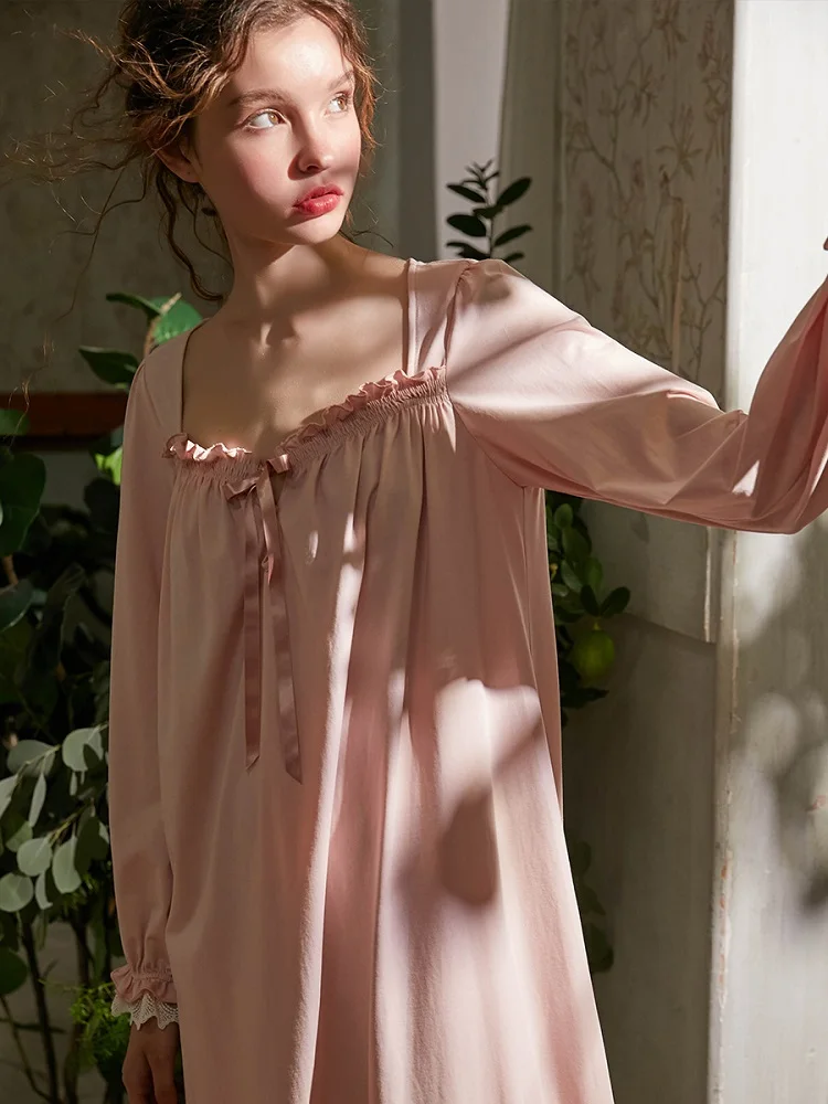 Vintage Cotton Women\'s Long Nightgowns Long Sleeve Elegant Autumn Spring Female Princess Sexy Loose Nightshirts