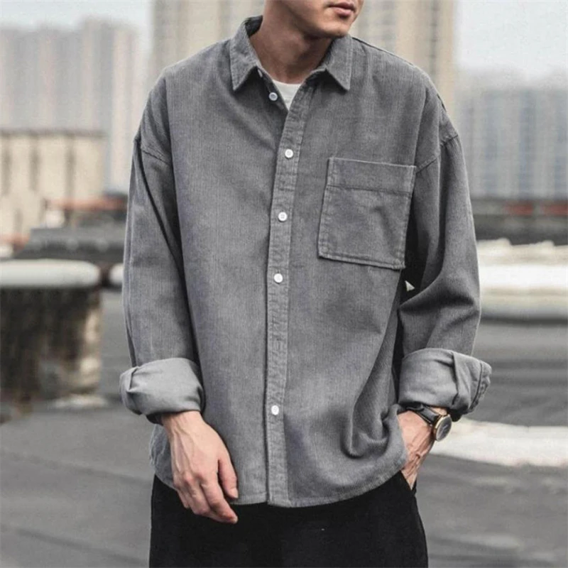 Men Shirts Loose Single-breasted Lapel Corduroy Shirt Tide Fashion Outdoor Clothing Chemises Pour Hommes 2021