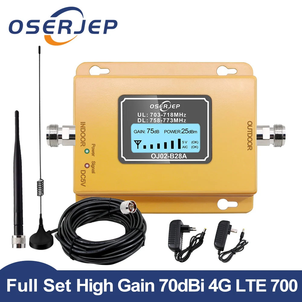 4G LTE 700Mhz Cellular Signal Booster Repeater LCD Display Mobile Signal Amplifier LTE700 Repeater+Sucker Antenna+Omni Antenna