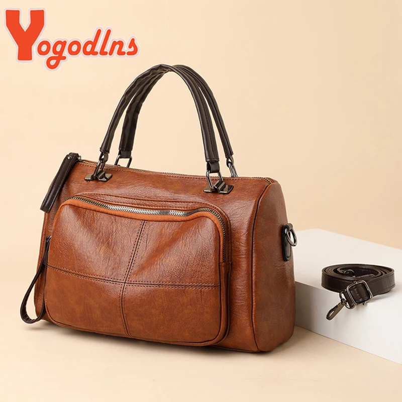 Yogodlns Vintage Winter Handle Bag Women New Soft PU Leather Handbag Large Capacity Crossbody Bag Travel Business Hand Bag