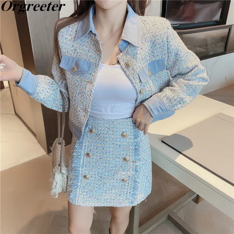 High Quality Blue Tweed Jacket Coat Skirt 2 piece Sets Women Fall New Denim Patchwork Crop Tops+Doube-breasted Mini Skirt Suits