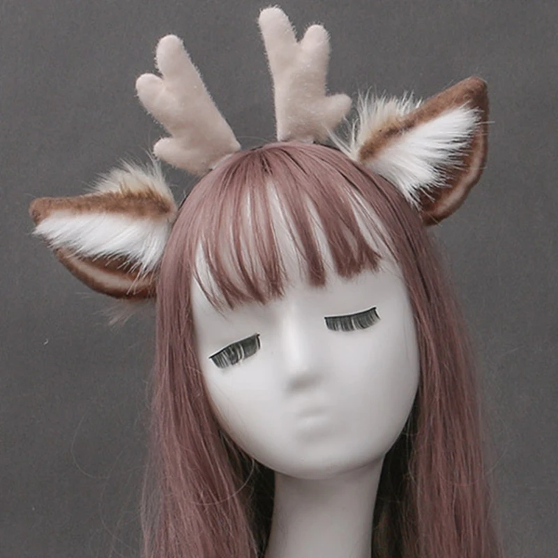 

Faux Fur Ears Plush Antler Headband Lovely Reindeer Animal Hair Hoop Holiday Party Supplies Christmas Halloween Cosplay M6CD