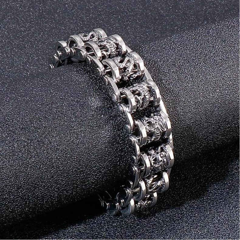 17mm Punk Retro China Dragon Bracelet Men Hiphop Black Totem Stainless Steel Bicycle Bike Biker Chain Bangle Jewelry Wristband