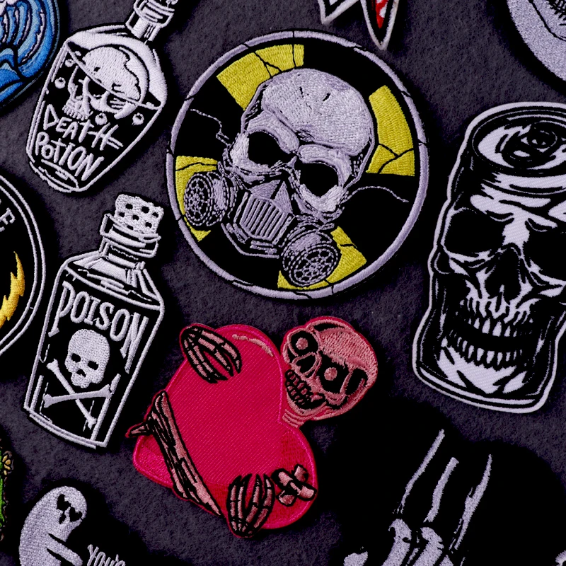 Punk Skull Patch Iron On Patches On Clothes Hippie Embroidery Patches For Clothing Stripe Badge Drift Bottle Patch For Clothes