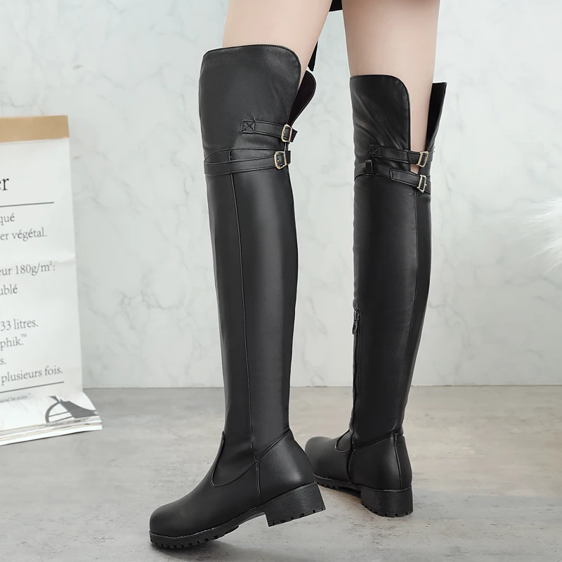 2024 Black Low Heels Over The Knee Boots Women Platform Thigh High Boots Autumn Winter Long Boots Sexy Beige Brown Size 34-43