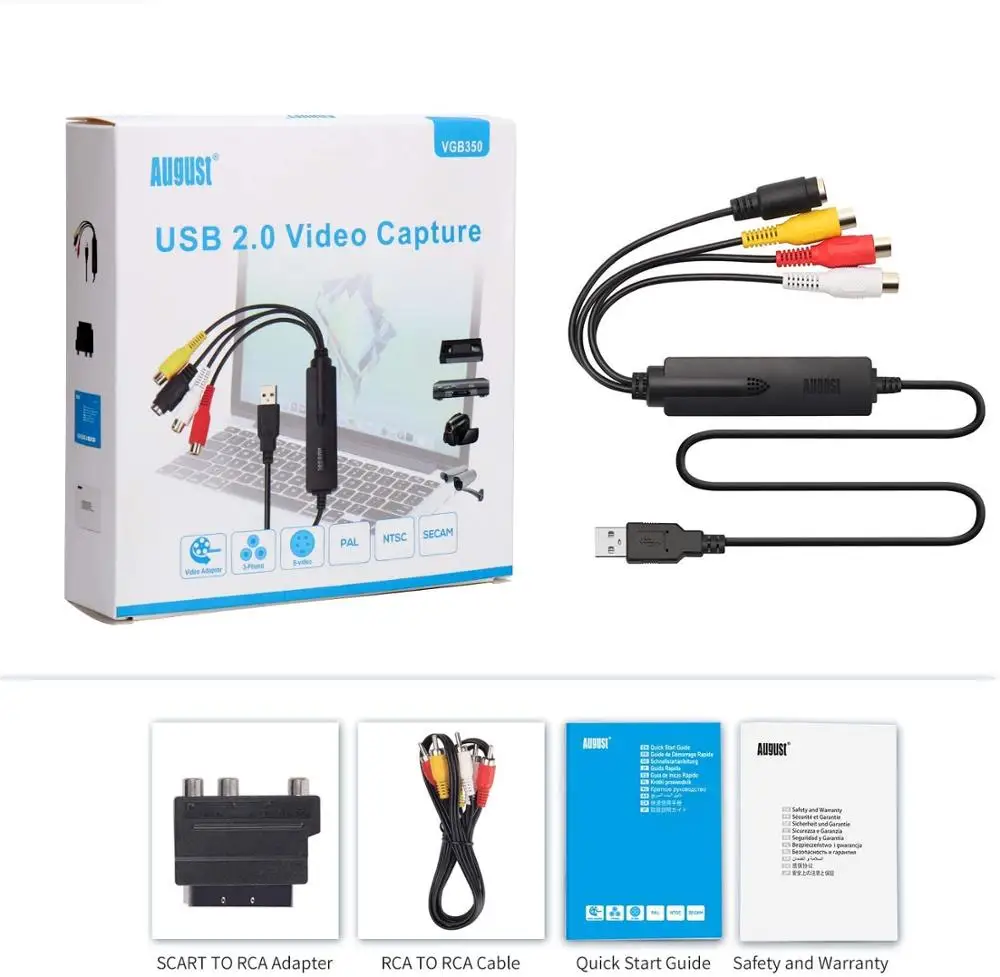 August VGB350 USB Video Capture Card VCR to DVD Converter VHS Home Videos to PC Audio Grabber for Windows