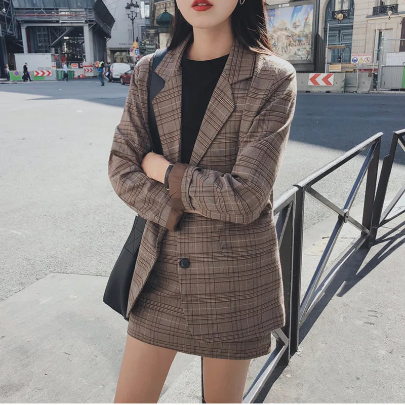 2021 Retro Plaid Blazer Set Single-breasted Jacket & Pencil Skirt 2 Pieces Skirt Suit Female Office Ladies Blazer Suit