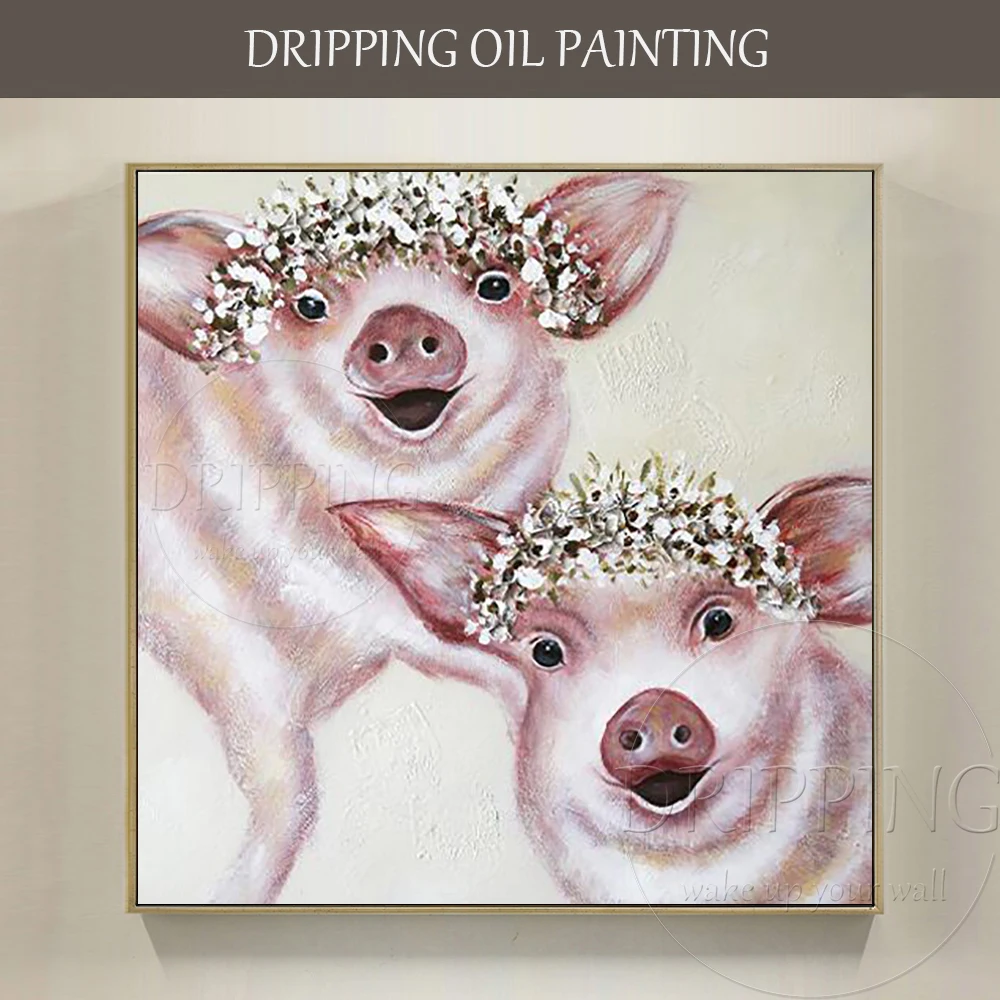 

Pure Hand-painted Funny Animal Piggy Oil Painting on Canvas Lovely Piggy Oil Painting for Wall Decor Cute Pig Acrylic Painting