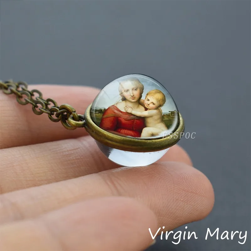 Virgin Mary with Baby Jesus Religious Art Glass Pendant Necklace Christian Gifts Saint Michael Patrick Faith Necklace
