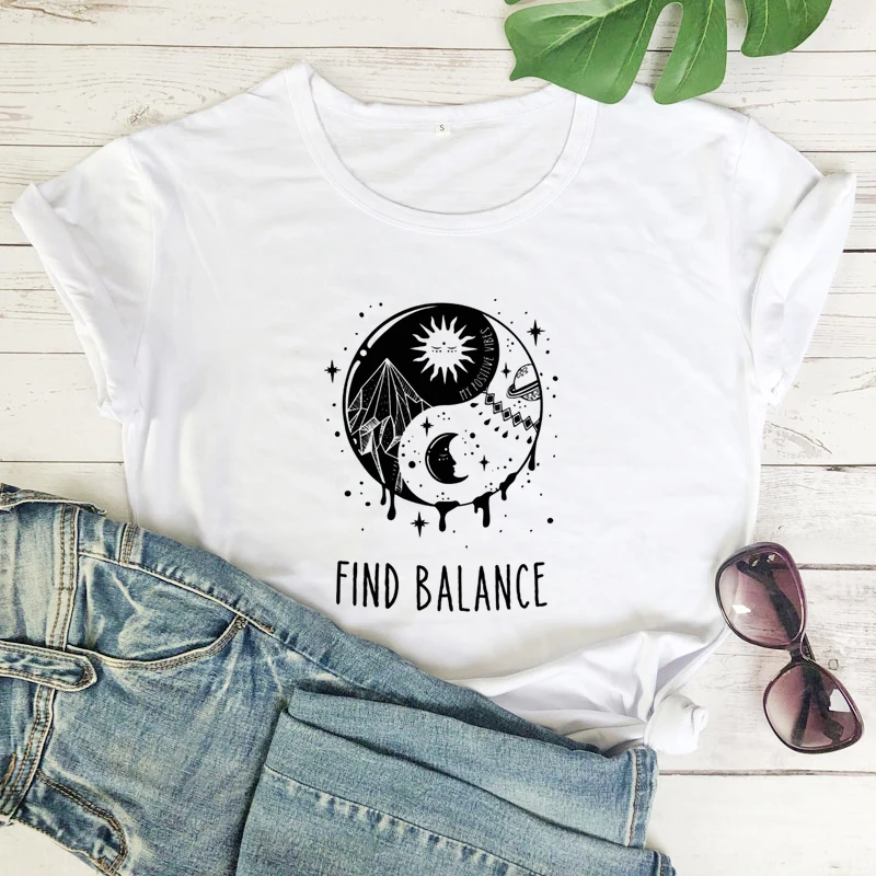 Find Balance Yin Yang T-shirt Aesthetic Women Grunge Gothic Top Tee Shirt Mystical Sun Moon Day Night Nature Tshirt