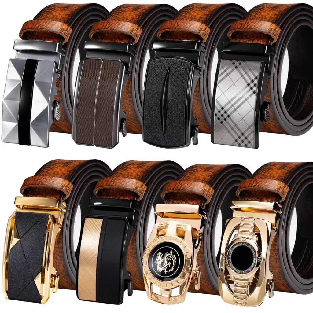 Classic Automatic Buckles Mens Belts for Man Tan Brown Genuine Leather Men Belt Ratchet Waistband Dress Jeans Straps Cowboy Male