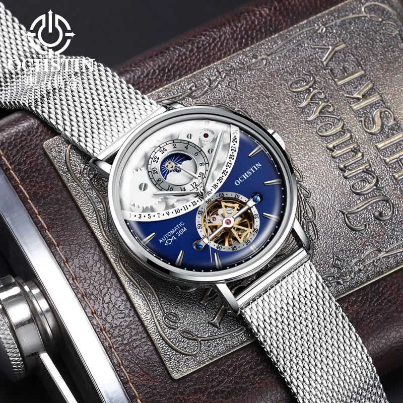 OCHSTIN Dual Time Zone Mesh Belt Dial Skeleton Tourbillon Moon Phase Watch Creativity Sport Automatic Mechanical Wristwatches