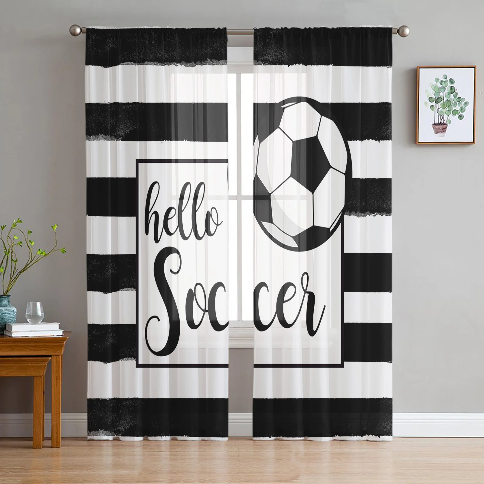 Stripes Hello Football Watercolor Tulle Curtain Voile Transparent Tulle for Bedroom Living Room Kitchen Sheer Window Curtains