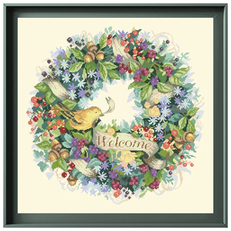 Berry wreath welcome cross embroidery kit flower pattern design 18ct 14ct 11ct light yellow canvas Cross-stitch DIY needlework