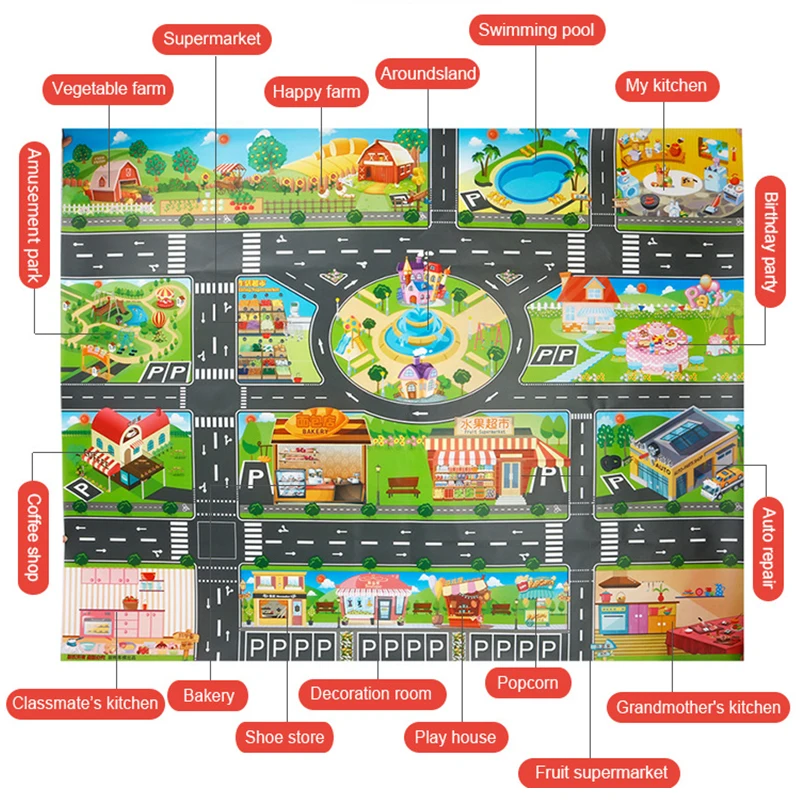 130*100Cm Stad Kaart Speelgoed Kinderen Spelen Auto Gebied Tapijt City Road Stad Road Gebouwen Parking Kaart Voor kinderen Interactieve Speelhuis Speelgoed