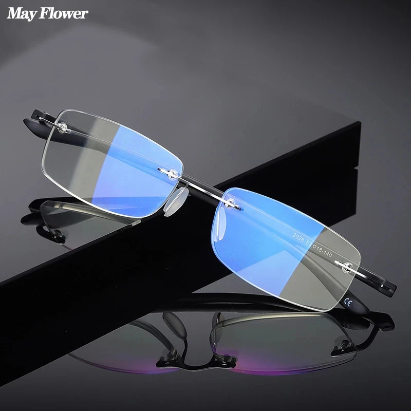 

May Flower Rimless Reading Glasses Anti-Blue Light Presbyopia Spectacles Eyewear Utralight Square Frameless Hyperopia Eyeglasses