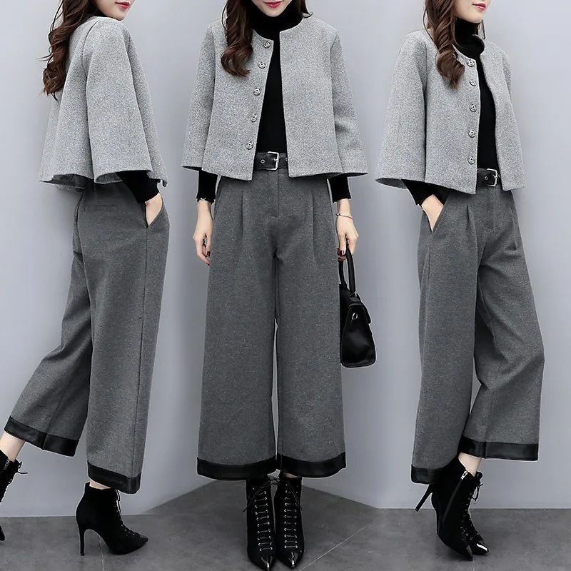 New women\'s autumn and winter large size two-piece Hidden Breasted Blended wool short coat wide-leg pants casual fashion suit