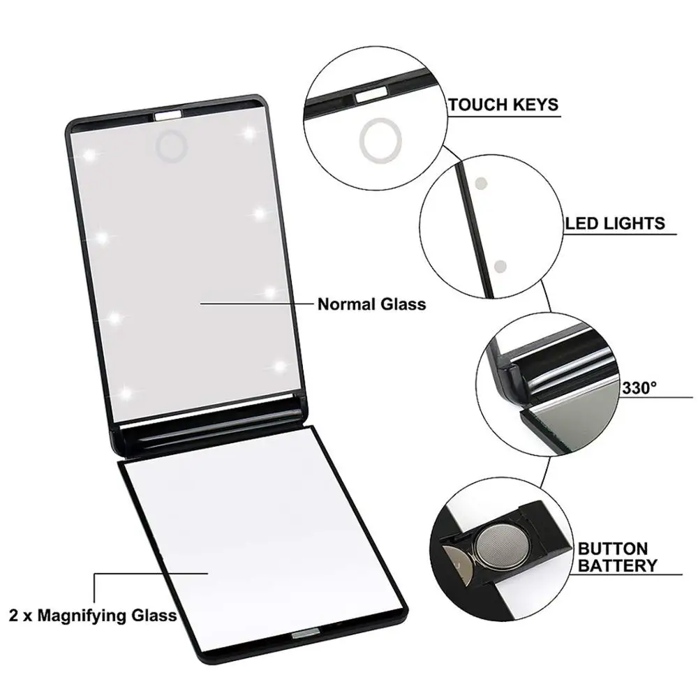 Travel Mirror, Portable LED Lighted Makeup Mirror,Touch Switch Makeup Mirror,Folding Compact Mirror 1X & 2X Magnification