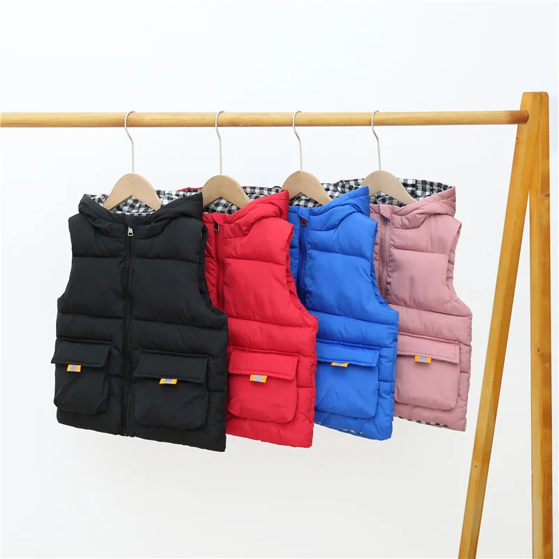 

Children Outerwear For 100-150cm Fashion Autumn Winter Big Pocket Cotton Children Waistcoat Warm Hooded Baby Girls Boys Vest