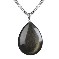 Top Natural Gold Obsidian Pendant Necklace For Women Men Crystal Water Drop Beads Luck Wealth Stone Silver Chains Jewelry AAAAA