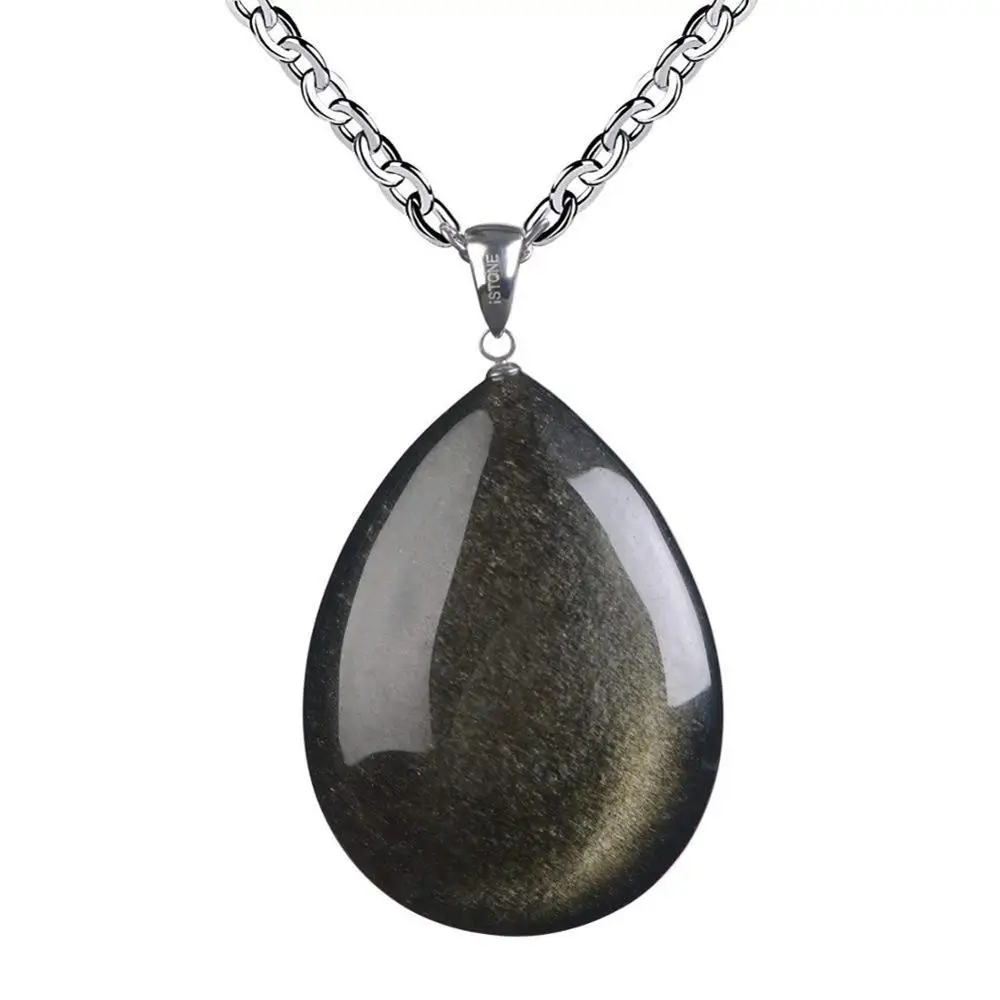 Top Natural Gold Obsidian Pendant Necklace For Women Men Crystal Water Drop Beads Luck Wealth Stone Silver Chains Jewelry AAAAA