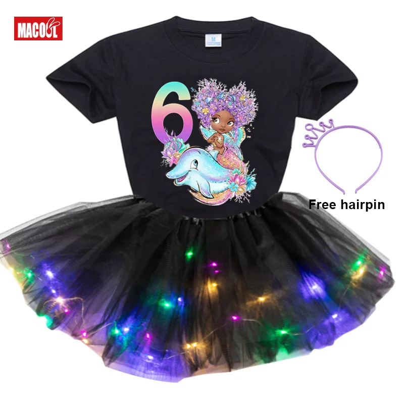 Girl Birthday Tutu Dress Sets Black Mermaid Dolphint Shirt Set Princess Girl Set Dress Party Light Dress+t Shirt 3 4 5 6 7 Years